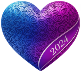 3D render of purple and blue gradient swirl heart with 2024 date ribbon on transparent background