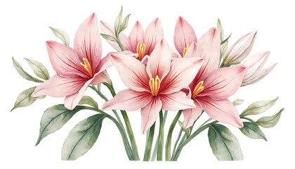Obraz premium Pink Lily Bouquet Illustration with Green Leaves