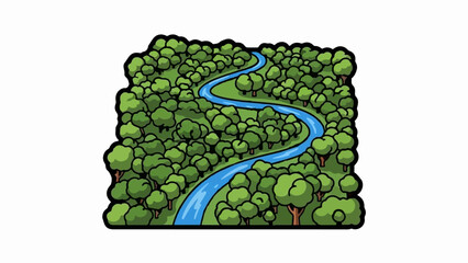 Aerial view of a winding blue river through a dense, green forest