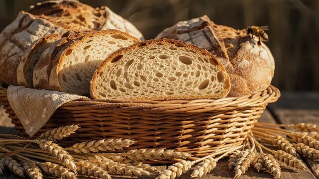 Artistic close-up of fresh artisan bread slices in a woven basket with wheat and a bee on wooden table