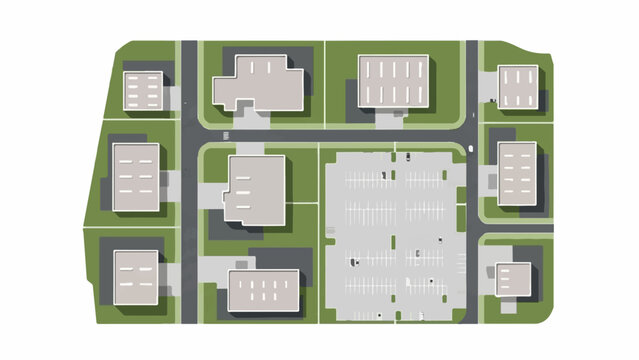 Aerial view of a small business park with multiple grey buildings and a large parking lot