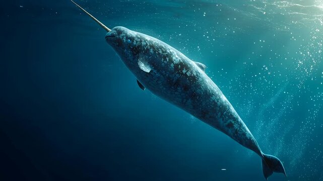 Majestic Narwhal Unicorn Whale Swimming in Deep Arctic Ocean Water