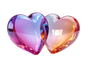 3D render of two glass hearts merging into one another,white background.