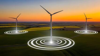 Sustainable wind energy production with modern technology emanating glowing circles at sunset