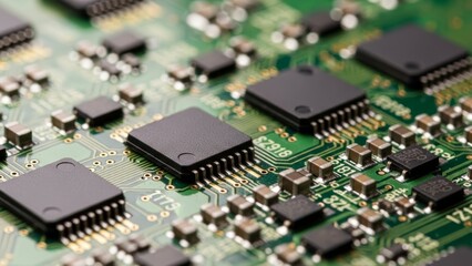 Blue electronic circuit board background texture with components