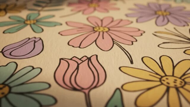 Pastel hand drawn floral pattern textured paper with daisy tulip chamomile motifs pastel drawing illustration petal pattern showcasing soft color palette warm mood gentle botanical vintage wallpaper