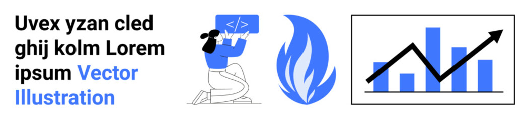 Obraz premium Software development, learning platforms, technology growth, data analytics, business trends, innovation. A person holding a code symbol, a flame icon and a rising graph. Technology growth and data