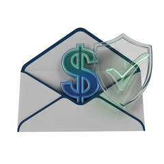 Futuristic envelope with holographic dollar sign and checkmark shield... isolated on a transparent background