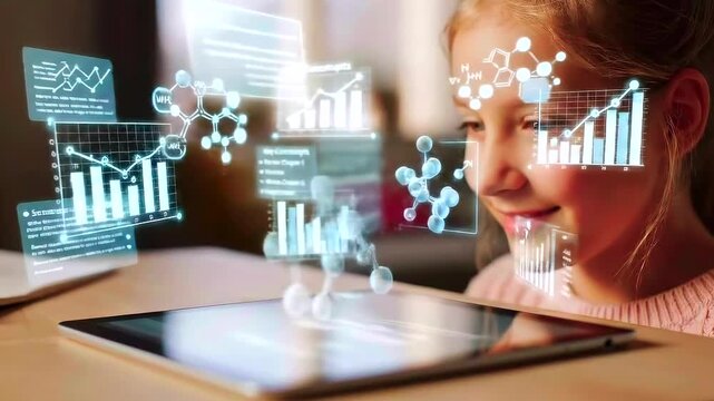 Young student explores scientific concepts with futuristic holographic projection technology, Child eagerly immerses themselves in science learning through cutting edge holographic educational visuali