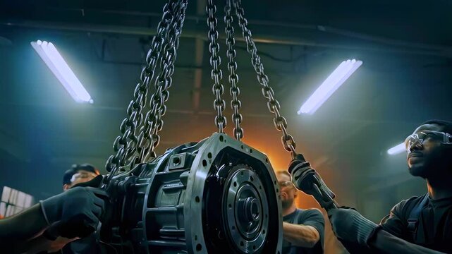 Industrial gearbox repair, Workshop team handling transmission with rigging equipment, Team of skilled workers and apprentices managing complex machinery repairs in gritty industrial environment