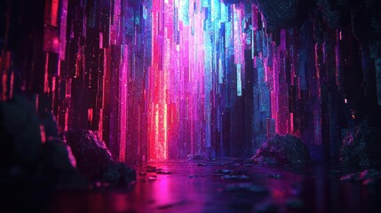 Abstract cave interior with glowing crystals. Use Stock photo for fantasy, sci-fi, or digital art