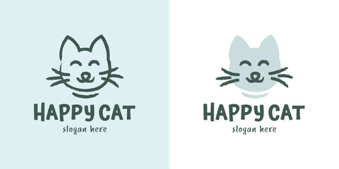 Cute happy cat logo. Hand-drawn style.