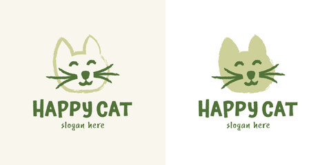 Joyful happy cat logo. Hand-drawn style.