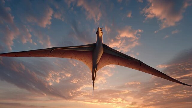 Pterosaur Flying Against Dramatic Sunset Sky Prehistoric Era