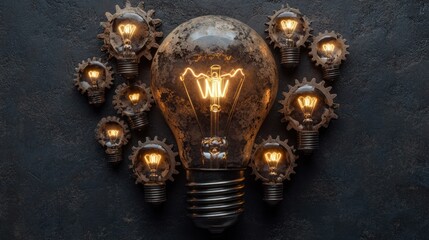 Glowing lightbulb surrounded by smaller bulbs and gears; innovation concept; dark background; website, blog