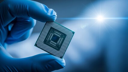 Hand in blue glove holding advanced microchip processor
