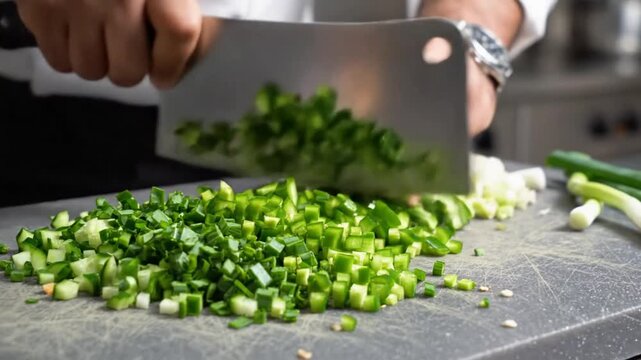 Chef chopping fresh green vegetables with a cleaver on a cutting board in the kitchen close up