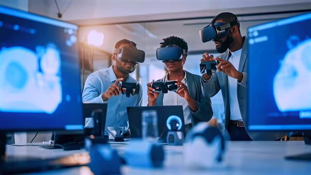 VR team testing, Virtual reality testing involves collaborative evaluation of equipment and accessories, Developers and engineers work together to thoroughly test and assess VR hardware performance