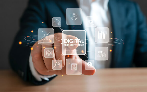 Businessman interacting with digital transformation interface - Powered by Adobe