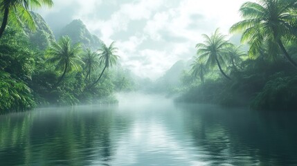Misty river flows through lush tropical valley, scenic landscape, travel backdrop