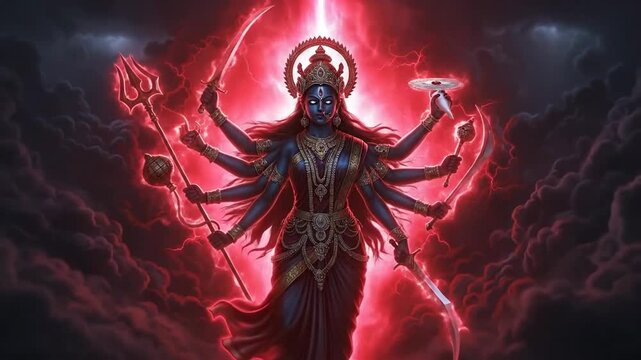 Dark multi-armed deity bathed in crimson energy and storm.
