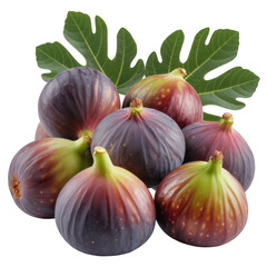 Fresh ripe figs clustered with green leaves on transparent background black... isolated on a transparent background