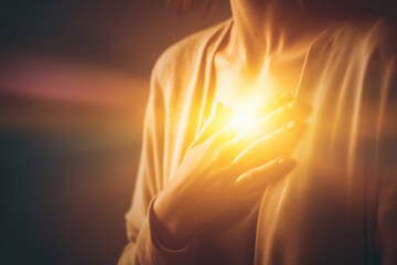 Emotional healing inner peace awellness journey concept. A warm, glowing light emanates from a person's chest in comfort