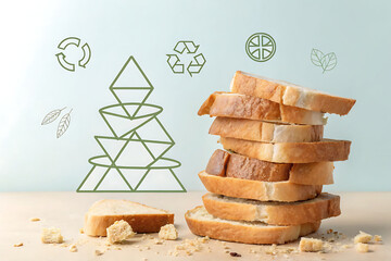 poster showing discarded bread slices stacked unevenly, simple geometric shapes