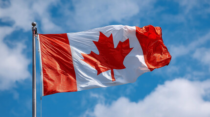 Canadian National Flag Waving in the Wind Against Clear Blue Sky, Symbol of Independence, Patriotism and National Identity