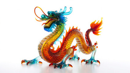 Obraz premium Intricate glass Chinese dragon sculpture in rich orange, red, blue, and green hues on a clean white surface