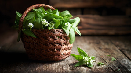 woodruff. Woven wooden basket filled with freshly picked woodruff herbs in a rustic kitchen. menu design, packaging mockups, designed for culinary blogs and recipe cards for restaurants.