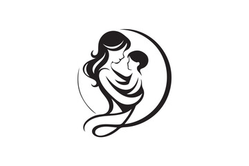 Happy Mother&rsquo;s Day icon Loving Mom and Child silhouette on white background.