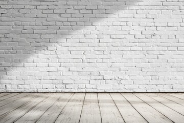 Fototapeta premium A clean, white brick wall with a wooden floor, showcasing a minimalist interior design aesthetic with subtle shadows.