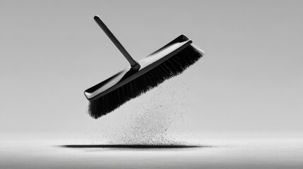 Floating Broom Sweeping Dust in Minimalist Black and White Conceptual Photography