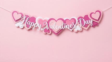 Happy valentines day paper garland banner with pink hearts, romantic love hanging decoration background, festive february party bunting, cute paper craft text concept, pastel greeting card layout.