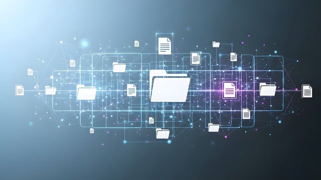 Digital network of folder and document icons representing data organization and file sharing. Global communication and cloud computing concept.