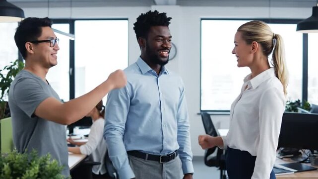 Colleagues Celebrating Success in Modern Office.