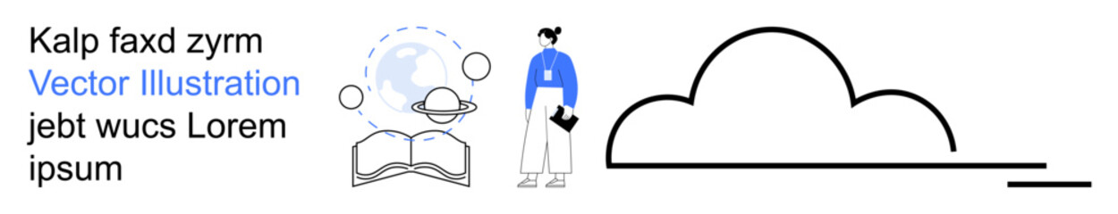 Technology, education, cloud computing, knowledge sharing, remote learning, data access. A person standing near an open book and abstract cloud graphic. Technology and education concept