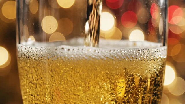 Close-up of pouring golden champagne into a glass against festive bokeh lights. Macro view of sparkling wine bubbles rising and foam forming. Christmas or New Year celebration concept - Powered by Adobe