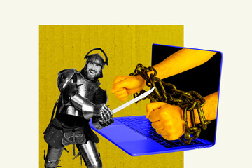 Full trendy sketch image photo collage of happy man warrior hold sword hands wear handcuffs peek laptop metal chain trap addiction