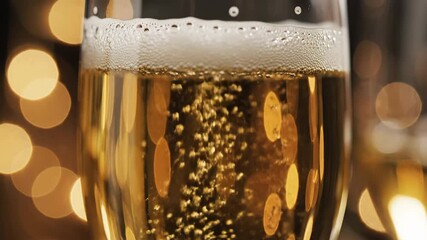 Close-up of champagne bubbles rising in a glass with golden bokeh background. Sparkling wine fizzing in a flute for a celebration. Festive holiday or Valentine's Day toast concept