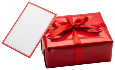 A vibrant red gift box, elegantly tied with a matching ribbon, accompanied by a blank white greeting card with a red border