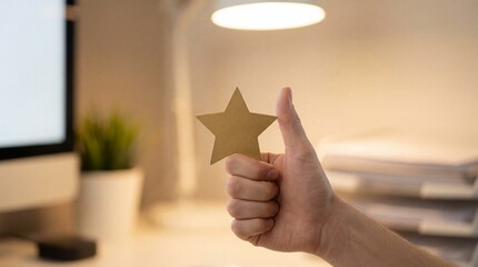 Hand holding gold star thumbs up, customer feedback rating concept, positive review symbol, business success achievement, employee appreciation, quality service satisfaction, office workspace.