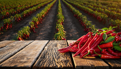 Generated image. Fresh red chilies on wooden table with chili field in background during sunset