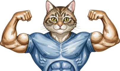 Cat flexing muscles in blue shirt isolated on transparent background