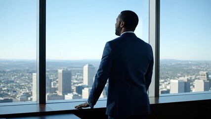 Businessman Looking Out Office Window Cityscape.