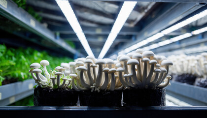 Generated image. Farmers grow mushrooms in a controlled environment with shelves and bright lights