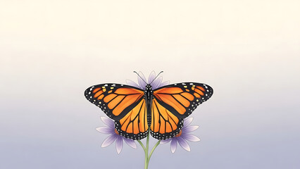 Monarch Butterfly on Wildflowers &ndash; Minimalist Watercolor on Lavender to Ivory Gradient with Copy Space for Pollinator Conservation