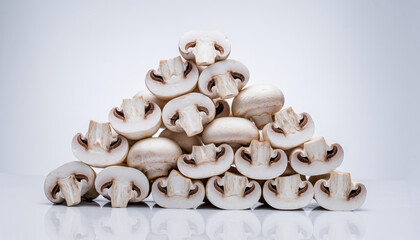 Generated image. Fresh white mushrooms stacked in a pyramid shape on a clear surface in a well-lit setting