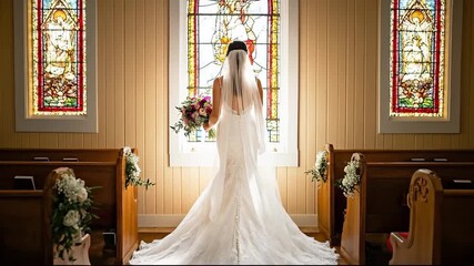 A serene bride in a stunning dress stands by a stained glass window.